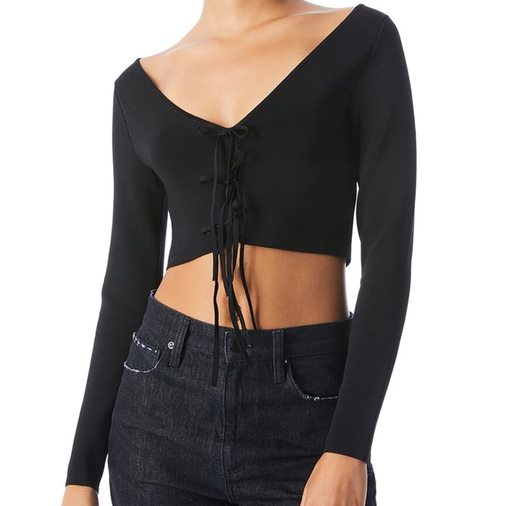 Alice + Olivia Sharee Crop Tie Front Top Black S